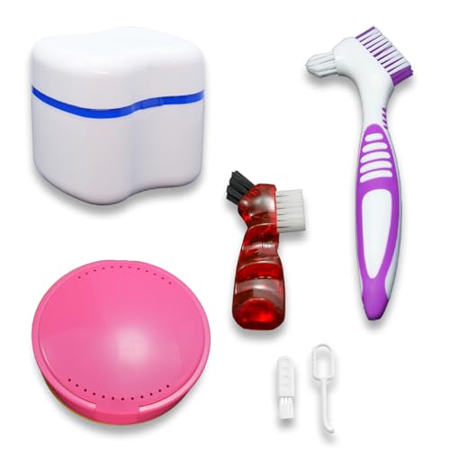 Juego de caja de retención de dentadura con 2 herramientas de extracción de alineadores, kit de limpieza de dentaduras dentales con espejo, cepillo de limpieza de prótesis para viajes (rosa)