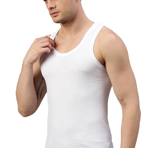 Image of Macho SPORTO Men's 100% Ribbed Cotton Sleeveless Vest | Solid Round Neck Tank Top Innerwear | Itch-Free, Soft & Comfortable Regular Fit Undershirt | Parka Vest | Pack of 3 White