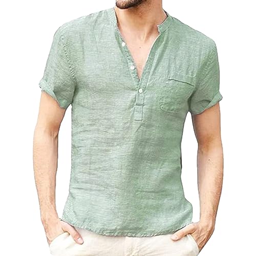 T-shirt de plage hippie décontracté homme col Henley coton lin avec poche été