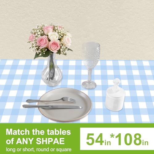 Image of Oigco Light Blue Gingham Tablecloth - 54 x 108 Inches, Rectangle Disposable Light Blue Checkered Tablecloth, Picnic Table Covers for Dining /Camping /Picnic /Outdoor