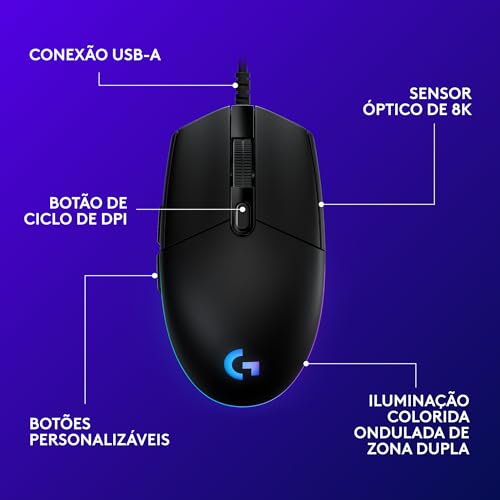 Mouse Gamer Logitech G203 LIGHTSYNC RGB, Efeito de Ondas de Cores, 6 Botões Programáveis e Até 8.000 DPI - Preto glide
