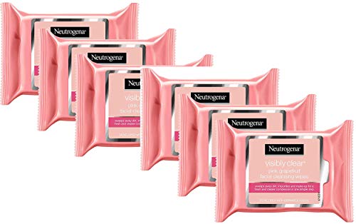 Neutrogena Visibly Clear Facial Cleansing Wipes, Pink Grapefruit, 25-Count (6 Pack)