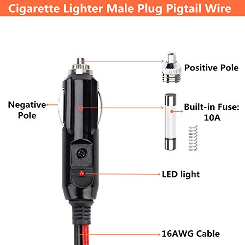 12V Cigarette Lighter Male Plug Pigtail Wire Harness 1Ft 16AWG Power Extension Cable Cigar Male Socket Plug With Led Lights, 10A Fuse (4 Pcs Male Plug) - Thumbnail 2