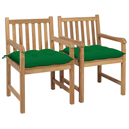 vidaXL 2X Madera Maciza de Teca Sillas de Jardín con Cojines Sillón Balcón Exterior Terraza Patio Asiento Butaca Muebles Mobiliario Verdes