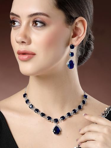 Image of Karatcart Elegant Silver Plated Blue American Diamond Necklace Set for Women