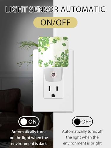 Image of Green Shamrocks Night Light Plug in LED Lamp Automatic Sensor Night Lights Plug into Wall St. Patrick's Day Decorative Clover Pattern Room Bright Decor Square Dim Night-Lights for Kids Girl Adult