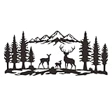 Slickss Deer Wall Art, Rustic Deer decor with Mountain & Forest, Hunting Lodge Cabin Decor, Wilderness Themed Metal Art