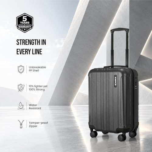 Image of HRX Force Cabin Size Charcoal Grey Polycarbonate Hard Shell Suitcase - Premium Travel Trolley Bag with 8 Spinner Wheels, Number Lock & Water Resistant Body