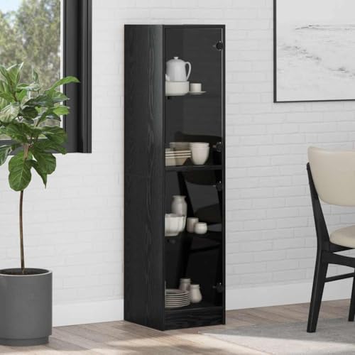 XHNIFBN Armoire haute noire aspect chêne - 35 x 37 x 142 cm - En matériau dérivé du bois avec portes en verre - Armoire de cuisine fine - Design moderne -...