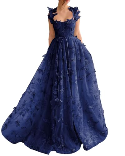 Image of YUAOHUANG Butterfly Lace Prom Dresses 2026 Navy Blue Butterflies Dress Long Corset Tulle Ball Gown Appliques Wedding Party Gowns with Slit Princess Gown for Women US Size 8