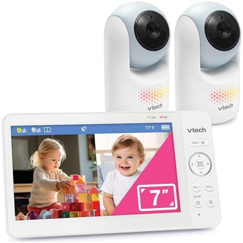 Image of VTech Baby Monitor No WiFi, 2 Cameras, 7 inch Split IPS Screen, 5000mAh 12Hr Battery, 360 Pan Tilt Zoom, Night Vision, Night Light| Advanced Max Twin Blue