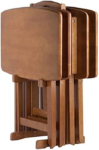 Contemporary Home Living Set of 5 Teak Brown Wooden Snack Tables with Storage Stand, 25.50”