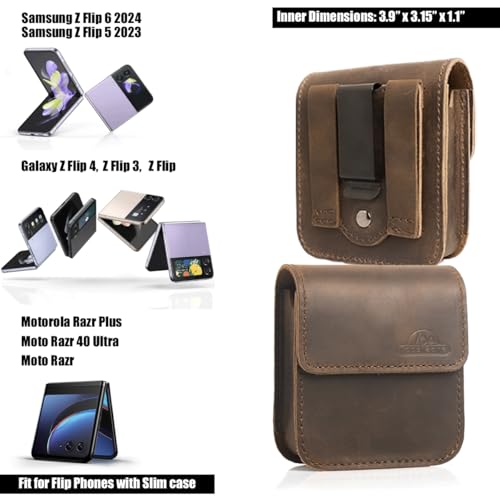 Topstache Leather Phone Holster for Samsung Galaxy Z Flip, Belt Clip Cell Phone Case for Motorola Razr Plus 2024/2023, Dark Brown Small Pouch Holster Belt Case