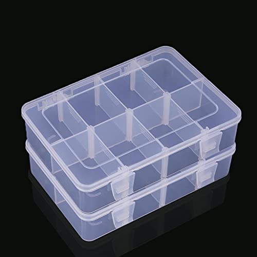 Image of 2 Pcs 8 Grids Clear Organizer Box Plastic Storage Container with Adjustable Dividers for Electronics Jewelry Beads Art DIY Crafts Fishing Small Parts