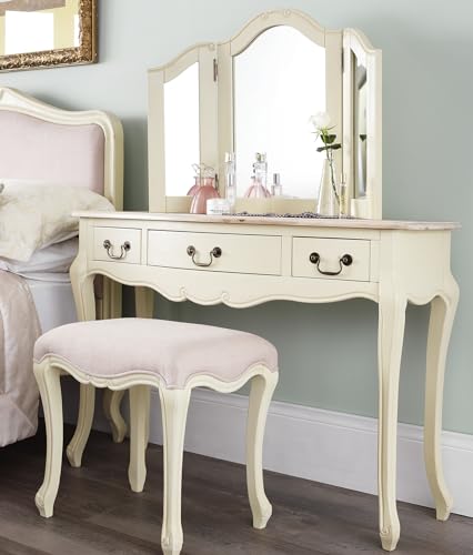 Image of Statement Furniture Juliette Champagne Dressing Table Set with 3-Way Mirror and Stool| French Style Vanity Makeup Table with 3 Drawers (DT-SET-C)