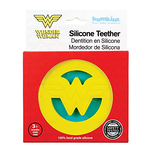 Image of Bumkins Baby Teething Freezer Toy Keys Rings, Soft Flexible Silicone Pacifier, Safe to Chew, Cool Gum Relief, Essentials for Babies 3 Months, Freezable, Sensory Textured, Wonder Woman DC Comics