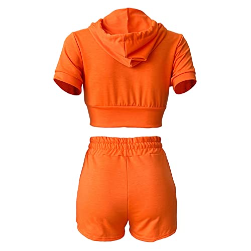 Women's Casual Fashion Short Sleeve Zipper Sweatshirt Suits Soft Solid Color Sweatshirts Tops Swim Short Suits For Women Orange #TOP4