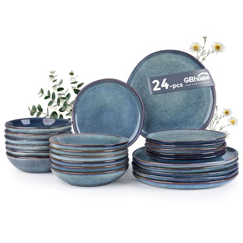 GBhome Juego de vajilla de gres para 6 personas, juego de platos y cuencos hechos a mano, resistente a los arañazos, apto para horno, lavavajillas y microondas, color azul mediterráneo