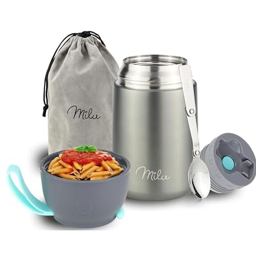 Milu® Thermobehälter Lunchbox 450 & 650ml | Edelstahl Isolierbehälter Gefäß für warme Speißen, Essen, Babynahrung, Suppe, Obst | Behälter für Baby | Speisegefäß | Thermogefäß (Grau/Blau, 650ml)