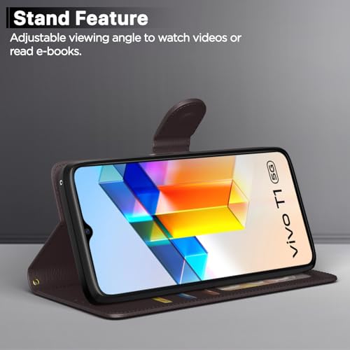 Image of Pikkme Flip Cover for Vivo T1 5G / Vivo Y75 5G / IQOO Z6 5G | Leather Finish | Shockproof with Card Pockets & Wallet Stand | Ultimate Protection Case(Coffee)