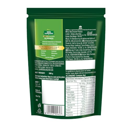 Image of Tata Sampann Pure California Almonds /Badam Whole, 200g, Real Nuts, High in Fiber, Badam Giri, Rich in Protein, Magnesium, Phosphorus and Dietary Fibre, Nuts & Dry Fruits, Value Pack (Pack of 3)