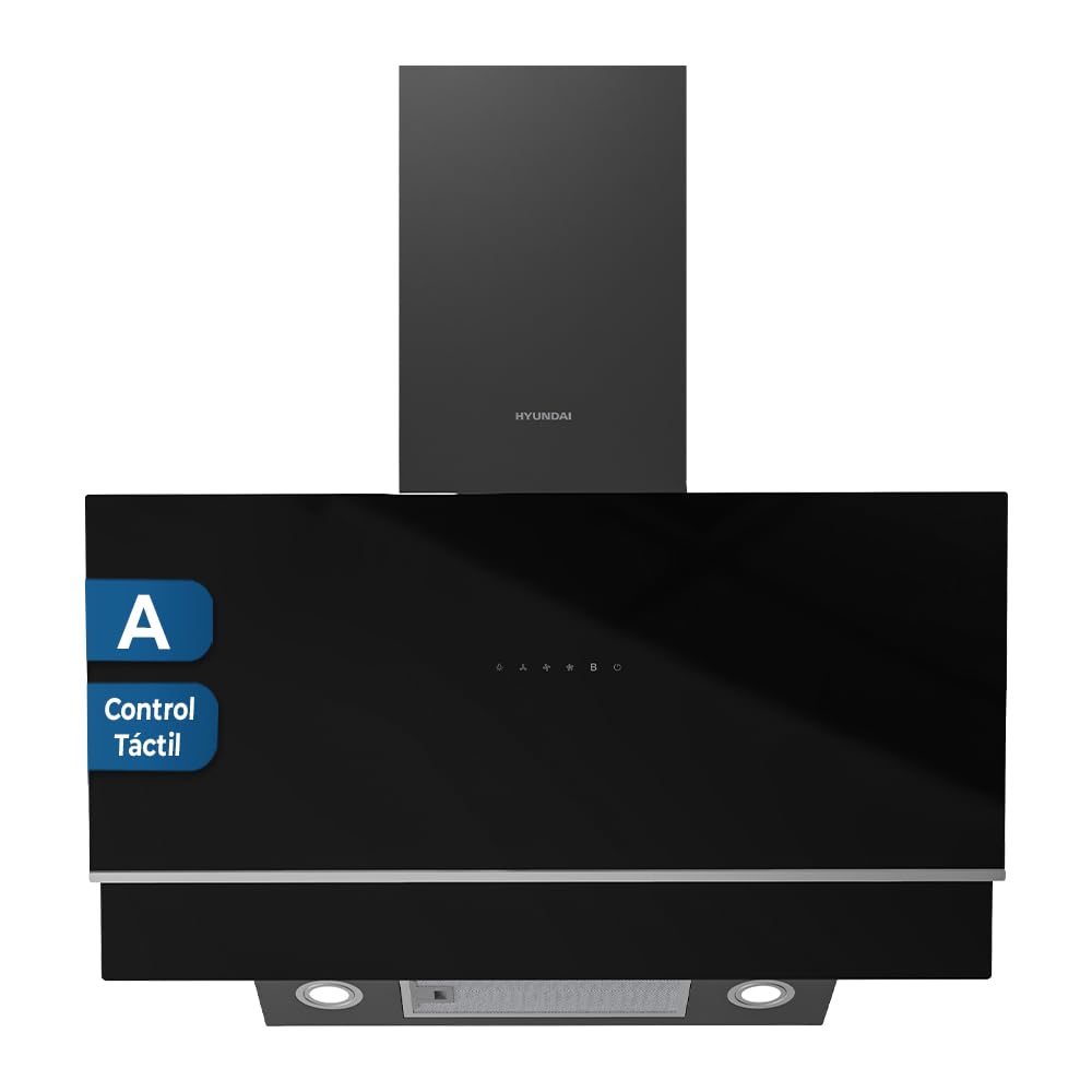 Hyundai Campana Extractora Inclinada 90cm Cristal negro HCPD900AN. Potencia 253m3/h, Tiro Doble, 4 Velocidades, Control Táctil, Filtro apto para Lavavajillas.