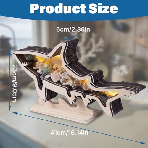 Vitrina de dientes de tiburón de 16" con luz LED y marco de madera para pared y mesa 7