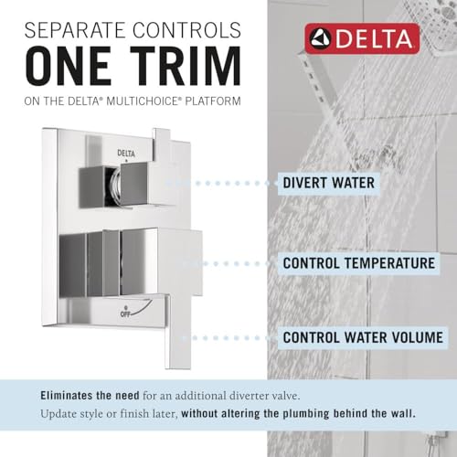 Image of Delta Modern 14 Series Square Rain Shower System Faucet Set, Rainfall Chrome Shower Head and Handle Set, Valve Trim Kit, 10 Inch, Chrome 342701