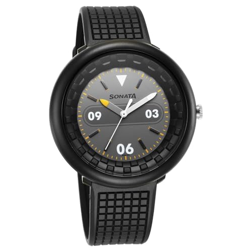Image of Sonata Excl Fkt (F1 Plastics) Plain 3 Hands Grey Round Dial Black A1Polyurethane Strap Men's Watch - 77121PP03W
