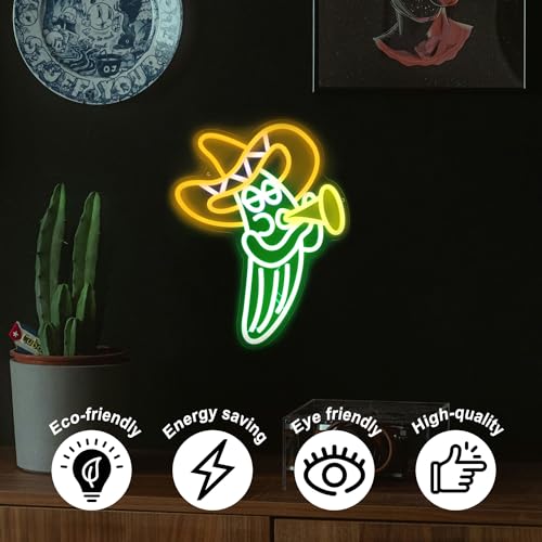 Image of Cactus Sombrero Hat Neon Sign Play Trumpet Neon Light for Bedroom Bar Decor | Dimmable Music LED Signs for Wall Decor, Cinco De Mayo Mexican Party Decor, Acrylic Celebrate Carnival Wall Sign, USB Powered