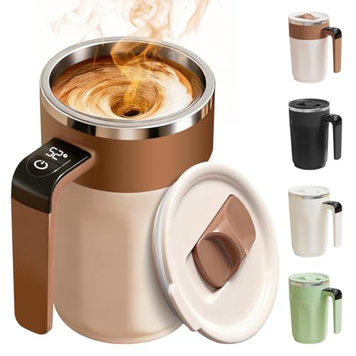 Automatic Stirring Coffee Cup with Temperature Display, Rechargeable Coffee Mug, 13.5oz Self-Stirring Mug with Lid, Stainless Steel Material Suitable for Coffee, Milk, and Other Beverages (Brown)