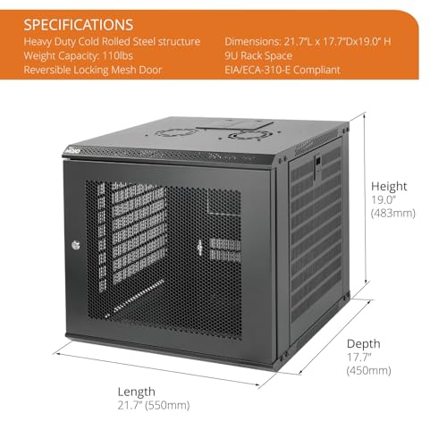 Image of Tecmojo 9U Wall Mount Rack Network Cabinet for 19 inch IT Equipment,with Lockable Mesh Door and Side Panels,Cooling Fan,17.7inch Depth,Black