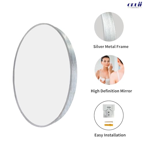 Image of Oruii Silver Round Mirror, Round Mirror 24 inch Brushed Nickel, Circle Wall Mirrors Metal Frame, Silver Circular Mirrors for Bathroom, Wall, Living Room, Entryway, Hallway, Vanity, Rustic