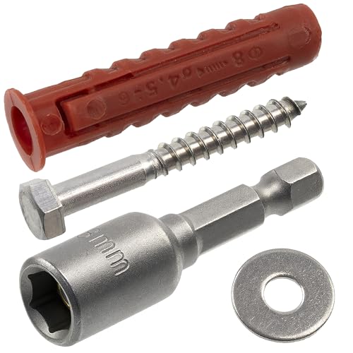 AERZETIX - Kit de 25 tacos con collarín Ø8x40 mm de nailon + 25 tornillos tirafondos Ø5x40 mm de acero inoxidable A2 + 25 arandelas anchas A2 para tornillo M5 + 1 vaso/punta de atornillado 1/4 SW8