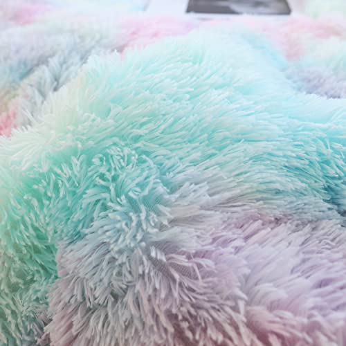 Winlife Shaggy Faux Fur Comforter Set Flannel Furry Bedding Set Long Hair Fluffy Plush Comforter Sets Gradient Ombre Tie Dye Multicolor Bedding For Girls Adults (3Pcs, Queen, Rainbow) #TOP5