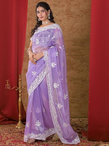 Image of Satrani Women's Net Embroidery Saree with Unstitched Blouse Piece
