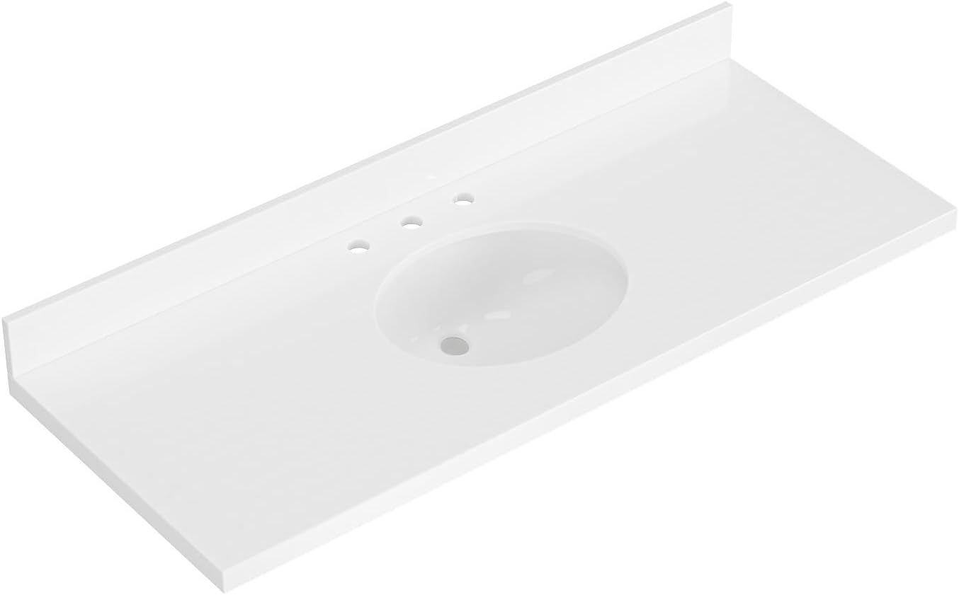 ARIEL 55 inch Bathroom Vanity top with Sink, 1.5 Inch Thick Miter Edge White Quartz top, Oval Single Porcelain Sink, Includes Backsplash