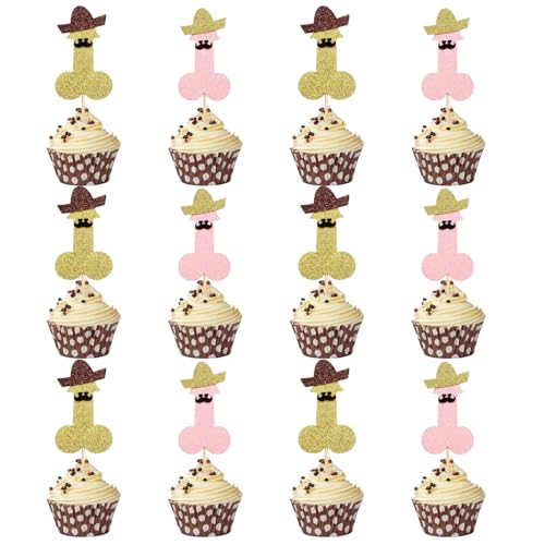 Tourima JGA Deko Frauen – 12x Cupcake Topper Gold & Pink mit Glitzer Hut & Bart, JGA Accessoires Frauen, Bride to Be Deko, Bachelorette Party Accessories, Jungesellinenabschied Braut, Jga Accessoires