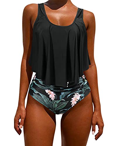 OMKAGI Womens Ruffle Bikini Top High Waisted Bathing Suits Bottom Sexy Tankini (XXL,37-Black Floral)