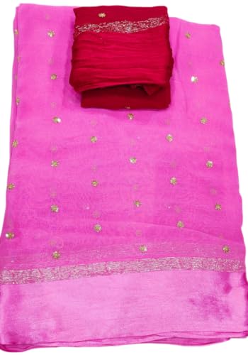 Image of Pure Georgette Sequence Work Saree with Contrast Blouse, Satan Patta Fabric
