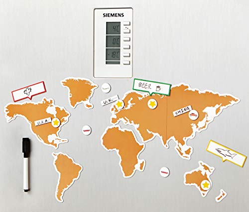 Vivo Lot de 58 aimants pour réfrigérateur Motif carte du monde avec marqueur et surface magnétique effaçable à sec Cover