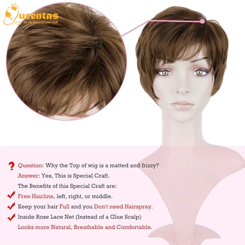 Image of 8 inch Layered Curl Synthetic Pixie Cut Wig for Women with Bangs Chestnut Brown