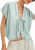 MISSACTIVER Women V Neck Tie Open Front Shirts Summer Oversized Button Down Blouses Casual Short Sleeve Lace Trim Shirt Tops Green
