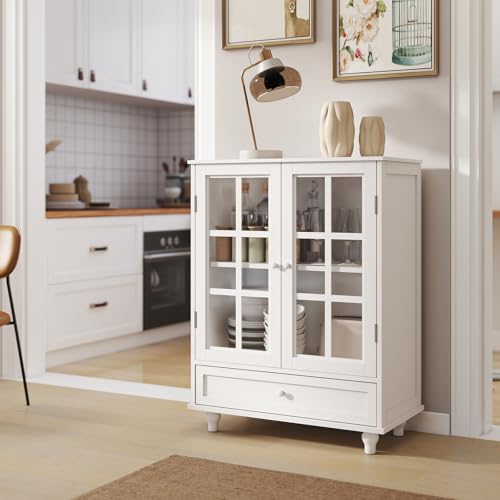 QueZeiah Modern Buffet Cabinet with Double Glass Doors and Drawer, Minimalist Wooden Storage Cabinets, Sideboard Cupboard for Living Room, Dining Room Hallway Entryway,White