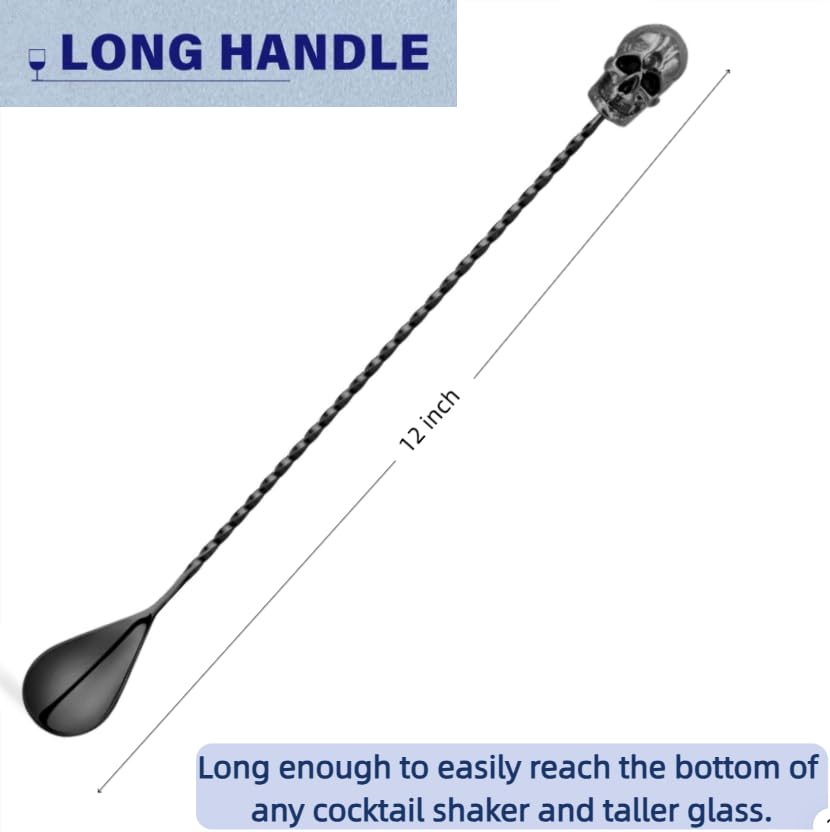Homestia 12-Inch Stainless Steel Cocktail Spoon with Skull Handle - Perfect for Mixing & Layering Drinks in Tall Cups, Bar & Shakers - Durable Long Handle Bar Stirrer (Black)