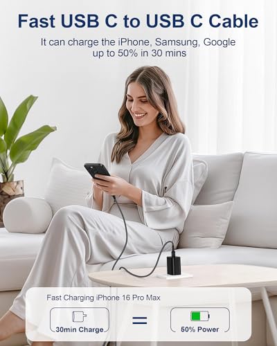 Image of USB C iPhone 17 16 Fast Charger Cable 6ft, 60W USB C to C Charging Cable | [MFi Certified] Long Braided Type-C Power Cord for Apple iPhone 17 /17e /17 Pro Max /Air /16 /16e /16 Pro Max /15 Plus, iPad Pro Air