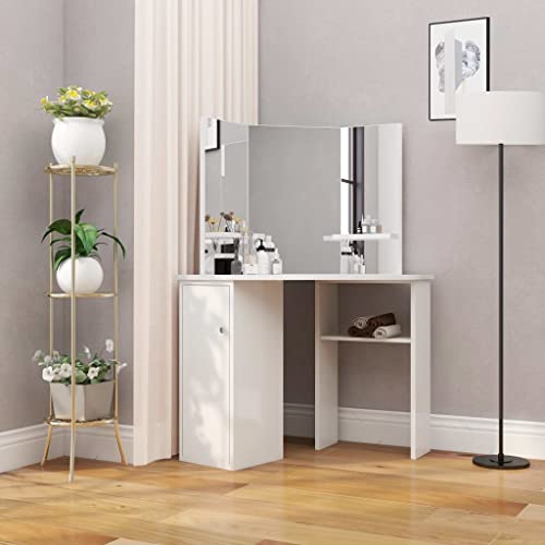 Cartvyn Tocador esquinero blanco de MDF con espejo de 3 piezas, diseño moderno, tamaño compacto 111 x 54 x 141,5 cm, espacio de almacenamiento con armario y estante abierto para utensilios de
