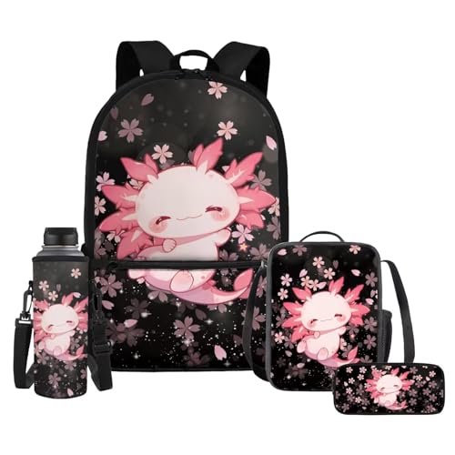 Cherry Blossoms Axolotl Backpack for Girls 6-8 8-10 10-12 Kids School Bag with Lunch Box Pencil Case Elementary Kindergarten Preschool Bookbag Teen Schoolbag Water Bottle Sleeve