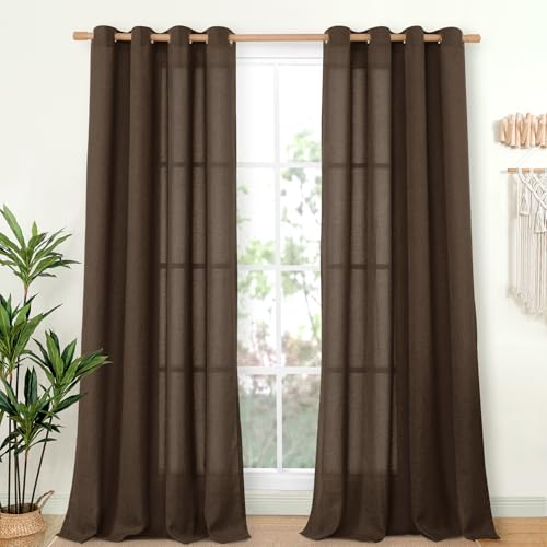 YoungsTex Dark Brown Linen Curtains 84 Inch Length 2 Panels for Living Room, Light Filtering Drapes Semi Sheer Chocolate Window Treatments with Bronze Grommet for Bedroom, 52 x 84 Inch