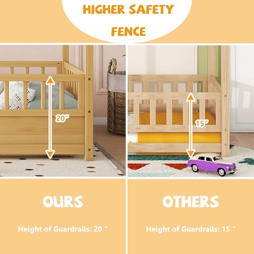 Bellemave Montessori Bed Twin Size, Twin Floor Bed with High Fence, House Beds for Kids, Girls, Boys, Easy Assemble Montessori Floor Beds, Natural